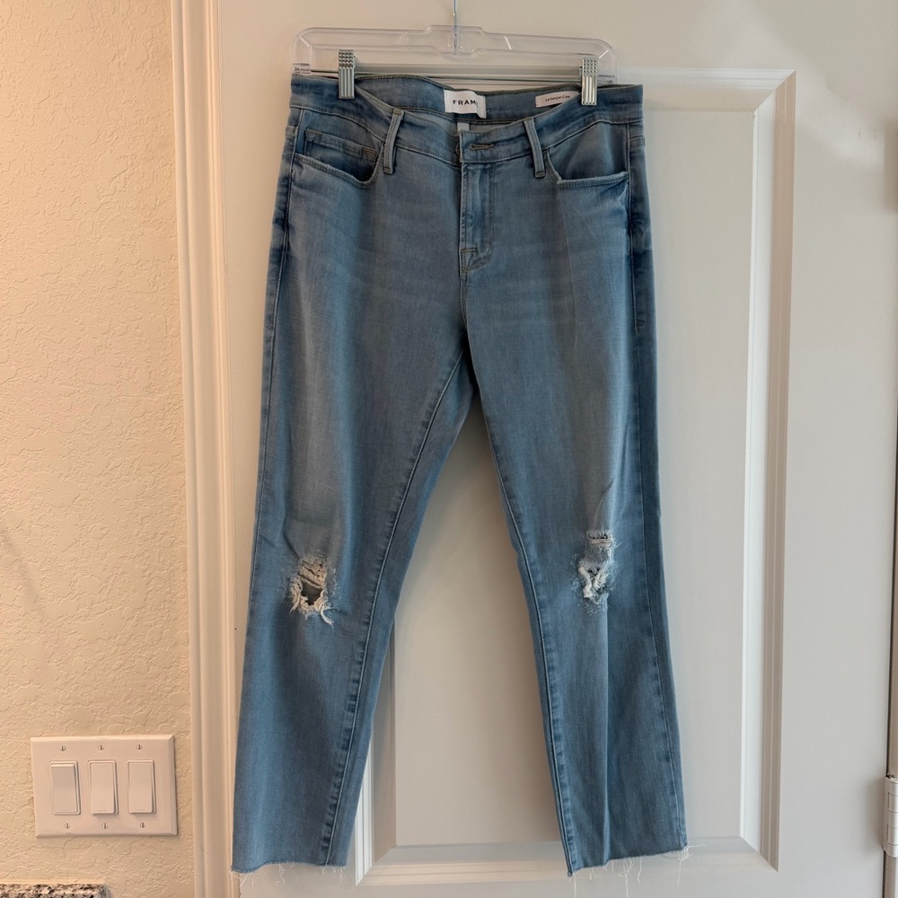 Frame Denim Light Blue Distressed Straight Leg Jeans
